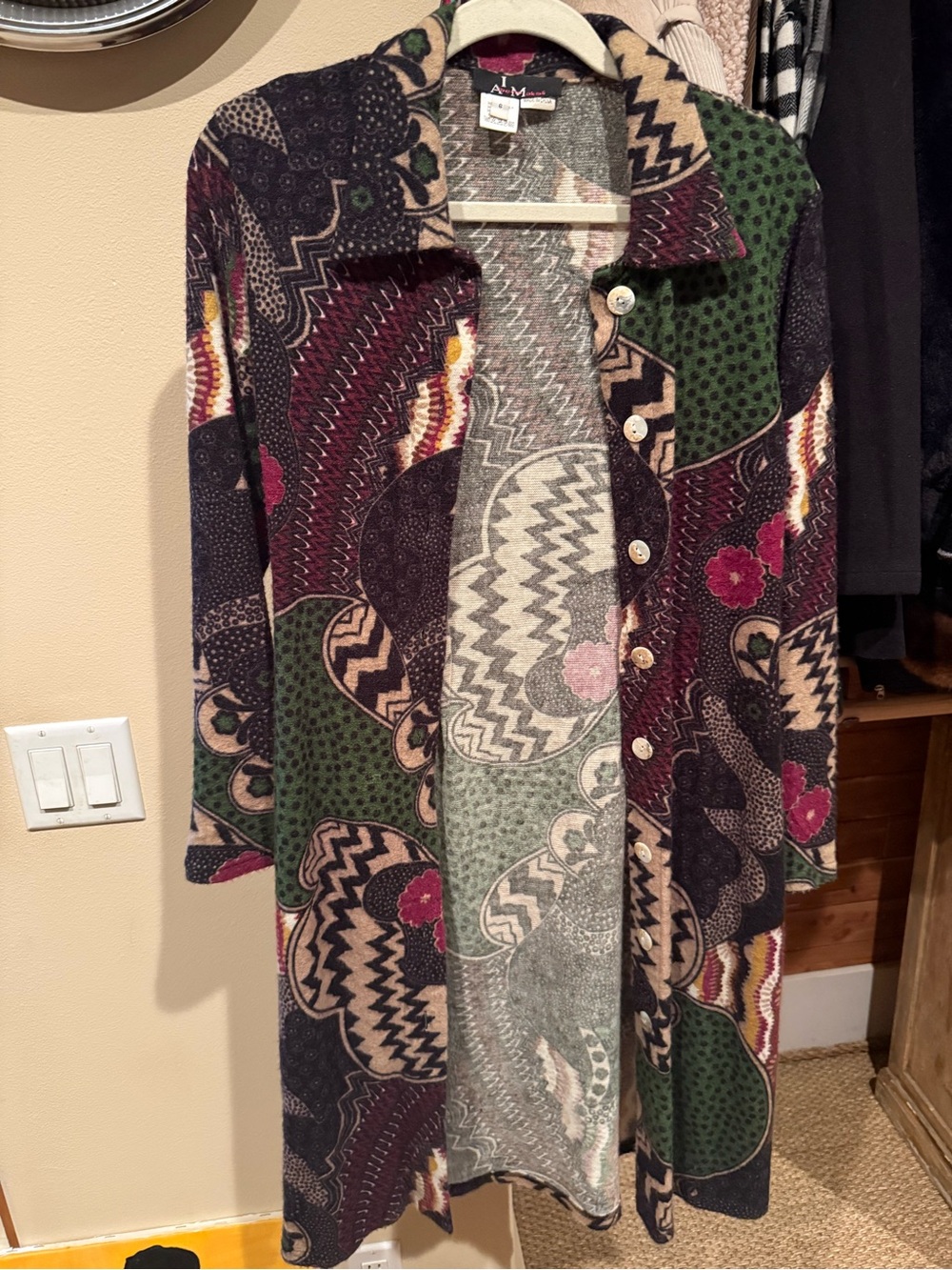 Long Patterned Button-Front Cardigan - Green/Multi